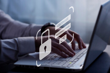 user typing login and password, cyber security concept, data protection and secured internet access, cybersecurity
