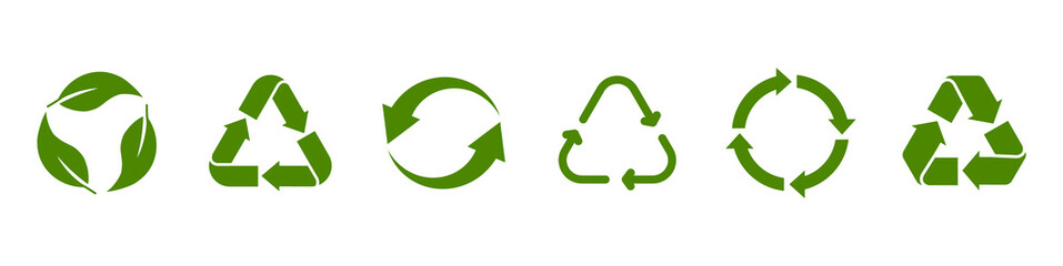 Recycling green icon set. Recycle symbol. Rotation arrow pack. Reuse cycle. Vector eco icons