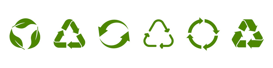 Obraz premium Recycling green icon set. Recycle symbol. Rotation arrow pack. Reuse cycle. Vector eco icons