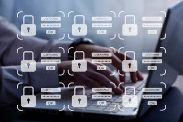 user typing login and password, cyber security concept, data protection and secured internet access, cybersecurity