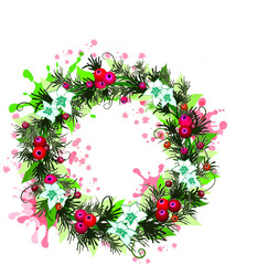 Christmas fir wreath with red berries. Pine wreath. Spruce new year wreath. Decorative element. Vector illustration.