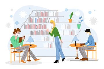 Peopie with masks read books in library vector illustration. Cartoon man woman reader characters reading books, wearing face protective masks to protect against coronavirus infection isolated on white