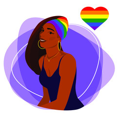 Portrait of a beautiful lesbian girl in a headband with LGBT flowers. Stoke vector illustration. 