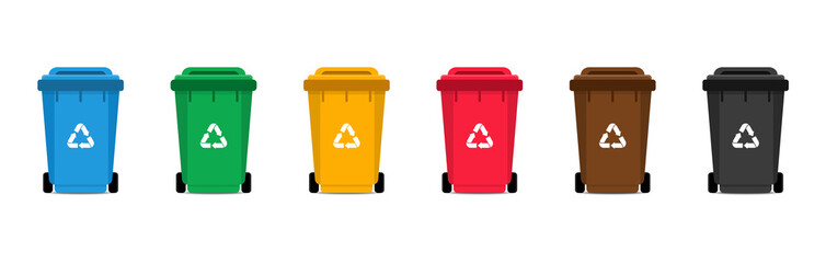 Garbage bins set. Colorful trash cans with recycling icon. Waste sorting containers. Vector illustration. - obrazy, fototapety, plakaty