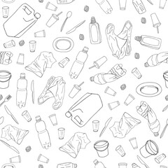 Seamless pattern with different kinds of plastic garbage.