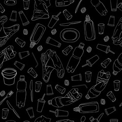 Seamless pattern with different kinds of plastic garbage isolate on black.