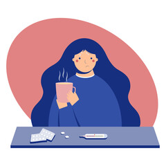 Woman with fever. Sick girl drinks hot beverage. Modern flat style. Vector illustration for social media and web pages.