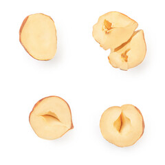 Halved piece of  Hazelnut isolated on white background. Creative layout. Top view. Flat lay.