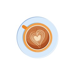 Vector illustration with coffee cup and latte art in the form of heart, top view.