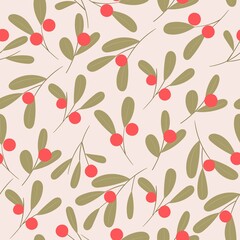 Christmas vector pattern with mistletoe branches and berries for background design