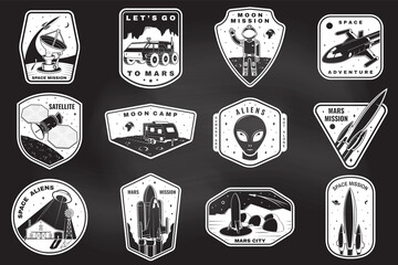 Set of space mission logo, badge, patch. Vector. Concept for shirt, print, stamp. Vintage typography design with space rocket, alien, mars city, camper van on the moon and earth silhouette © sivvector