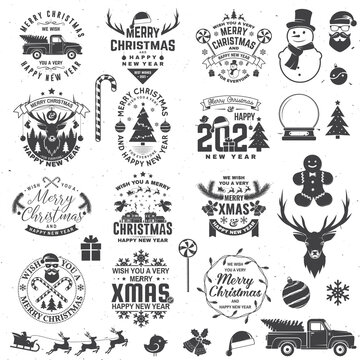 Set of Merry Christmas and 2021 Happy New Year stamp sticker Set quotes with snowflakes, snowman, santa claus, candy, sweet candy, cookies. Vector. Vintage typography design for xmas, new year emblem