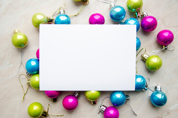 Christmas greeting card, invitation blank paper card mock up with New Year decorations