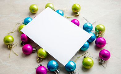 Christmas greeting card, invitation blank paper card mock up with New Year decorations