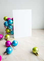 Christmas greeting card, invitation blank paper card mock up with New Year decorations