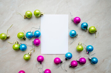 Christmas greeting card, invitation blank paper card mock up with New Year decorations