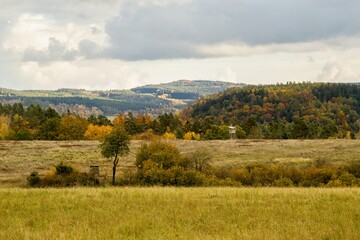 Autumn view of forests and countryside in the countryside.