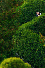profile of newlyweds hugging each other among green bushes.