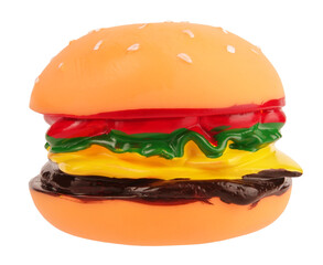 Rubber burger hamburger toy isolated on white background