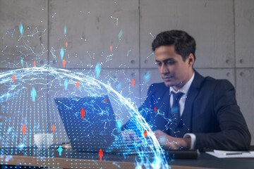 Businessman in office working with laptop, develop networking chain to push new social media project, typing computer. Double exposure.