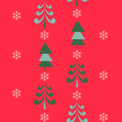 Festive bright seamless pattern of snowflakes and Christmas stylized fir trees on a red background, vector