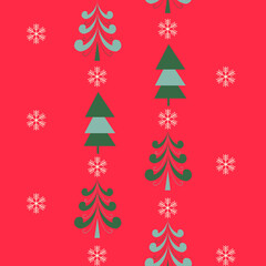Festive bright seamless pattern of snowflakes and Christmas stylized fir trees on a red background, vector