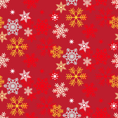 Fototapeta na wymiar Festive bright seamless pattern of gold, silver and red snowflakes on a Burgundy background, vector for Christmas and new year design