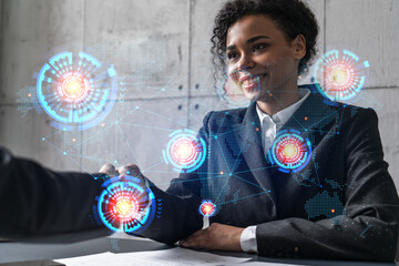 Two woman handshake. World map planet earth hologram. Multiexposure. International business.