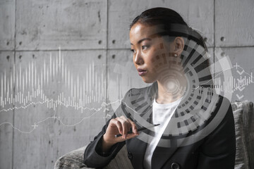 Asian businesswoman dream of success. forex stock market graph drawing hologram. Double exposure.