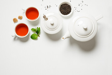 Classic English black tea concept, view from above, space for a text