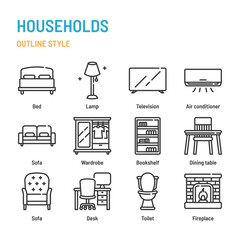 Households and furnitures in outline icon and symbol set