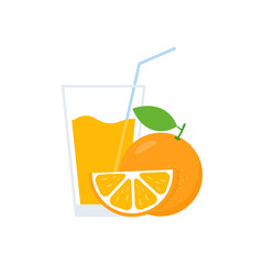 Fresh orange juice glass. Healthy natural drink. Citrus slice. Vector isolated on white.