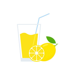 Fresh lemon juice glass. Healthy natural lemonade drink. Citrus slice. Vector isolated on white.