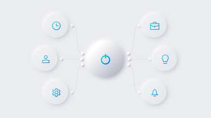 Neumorphic circle element for infographic. Template for diagram, graph, presentation and chart. Skeuomorph concept with 6 options, parts, steps or processes