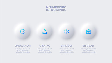 Neumorphic button element for infographic. Template for diagram, graph, presentation and chart. Skeuomorph concept with 4 options, parts, steps or processes