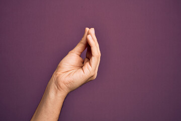 Hand of caucasian young man showing fingers over isolated purple background doing Italian gesture with fingers together, communication gesture movement