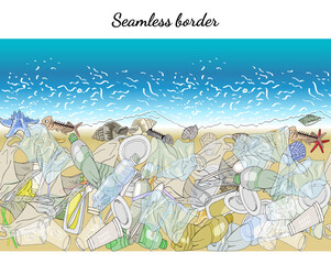 Seamless border with garbage on the ocean shore.
