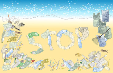 Environmental disaster of plastic debris in the ocean. Garbage, trash bags on the coast.