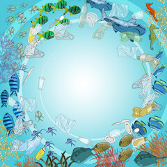 Environmental disaster of plastic debris in the ocean. Marine animals and garbage.