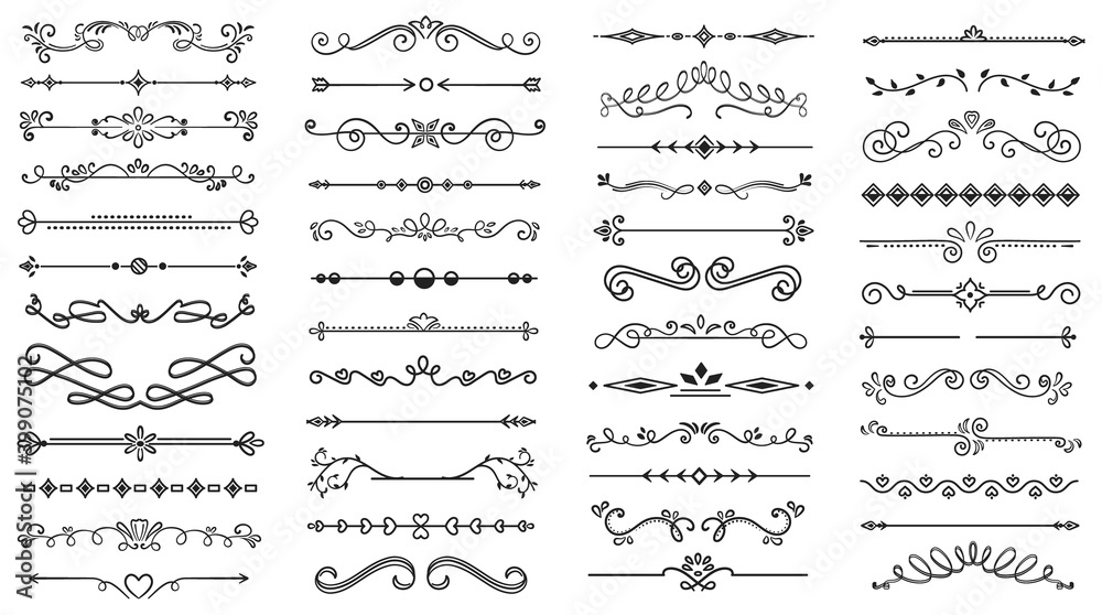 Wall mural Various text delimiters for your projects. Big set of black and white vector illustrations.