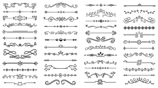 Various text delimiters for your projects. Big set of black and white vector illustrations.