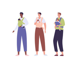 Fototapeta premium Parent with child in baby carrier. Vector flat people illustration set. Group of diverse men hold son or daughter. African american, caucasian, mixed ethic person. Concept of father love and care.