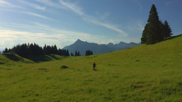 Backwards Travelling while a beautiful young woman and her dog walk playfully towards the camera on a vast plateau d'assy in the French, Alps