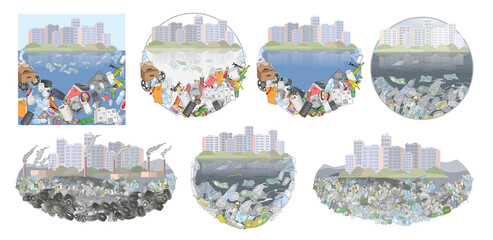 Environmental disaster of plastic debris in the city. Garbage on the coast in the ocean and in the sea.
