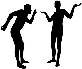 The prosecution and defense. Black vector Silhouettes of two men. The man stands up straight and spreads his hands. The man points with his finger, leaning forward. White background isolated.
