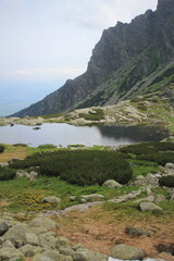Fototapeta na wymiar Panorama with mountain lake in High Tatra, Slovakia, Europe