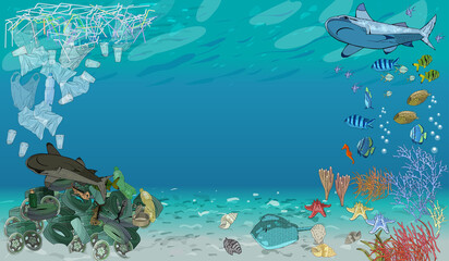 Fototapeta na wymiar Vector template with different types of plastic garbage and chemical waste to the ocean. Ecology concept.