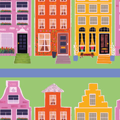 Colorful houses in the street repeat pattern print background