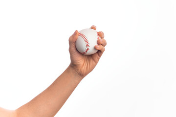 Hand of caucasian young man holding baseball ball over isolated white background