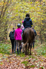 Nauka jazdy konnej, jazda na koniu w lesie, dzieci uczą się postępowania z koniem - obrazy, fototapety, plakaty